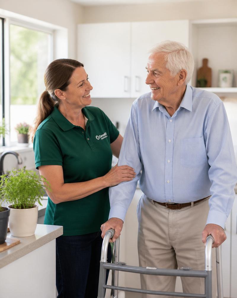A caregiver and senior woman talking together at a kitchen table